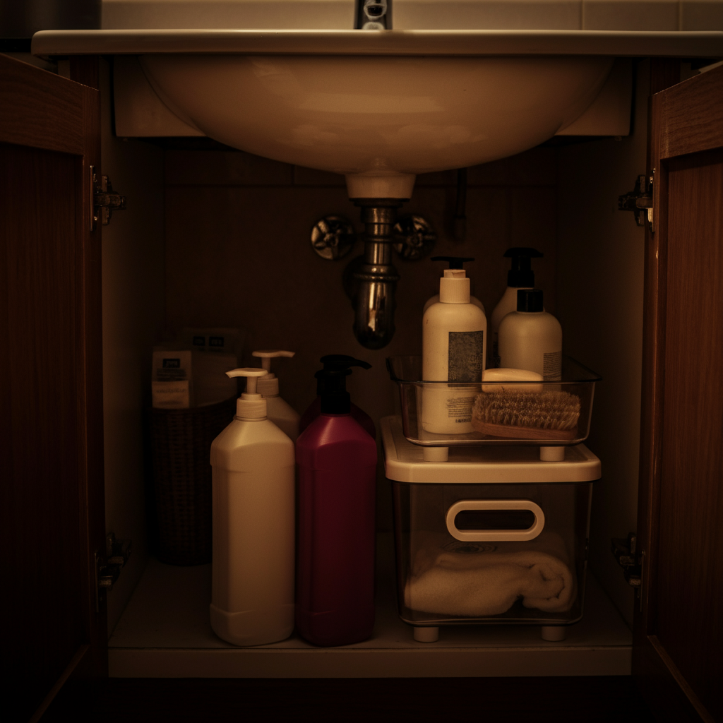A clear view under a bathroom sink. On one side of the central pipe is a two-tier stackable shelf holding cleaning bottles. On the other side is a clear plastic bin with a handle, filled with extra soap and shampoo bottles, that can be pulled out easily