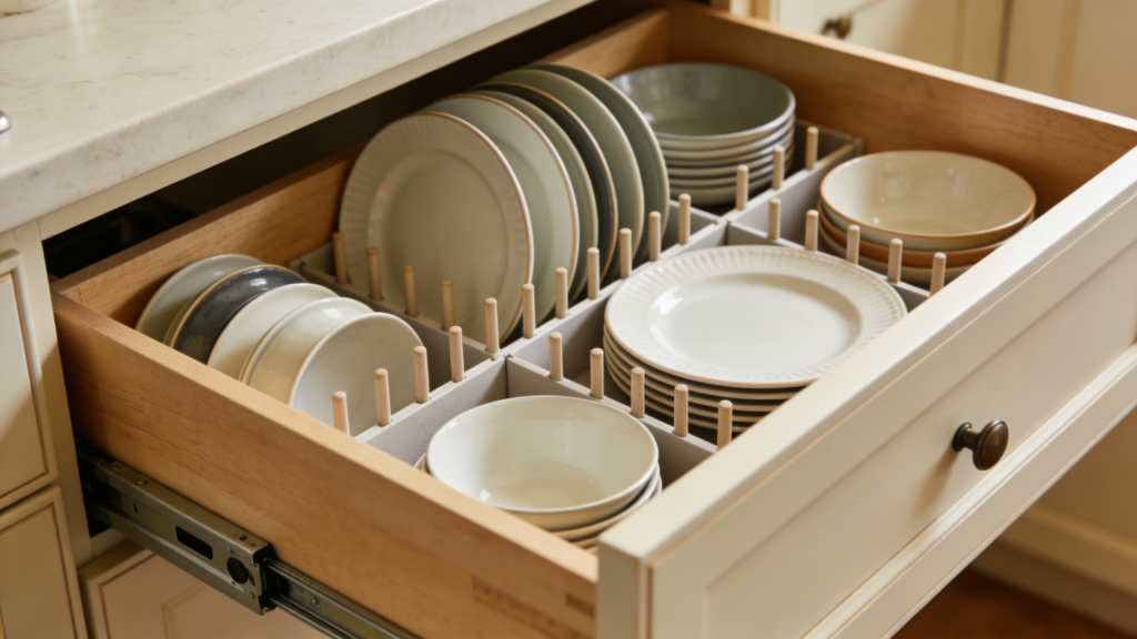 An open deep drawer in a lower cabinet, fully extended, showing neatly stacked plates and bowls with peg dividers to keep them from sliding. The drawer is high-quality dovetail construction, soft-close mechanism visible. The kitchen has natural light. 