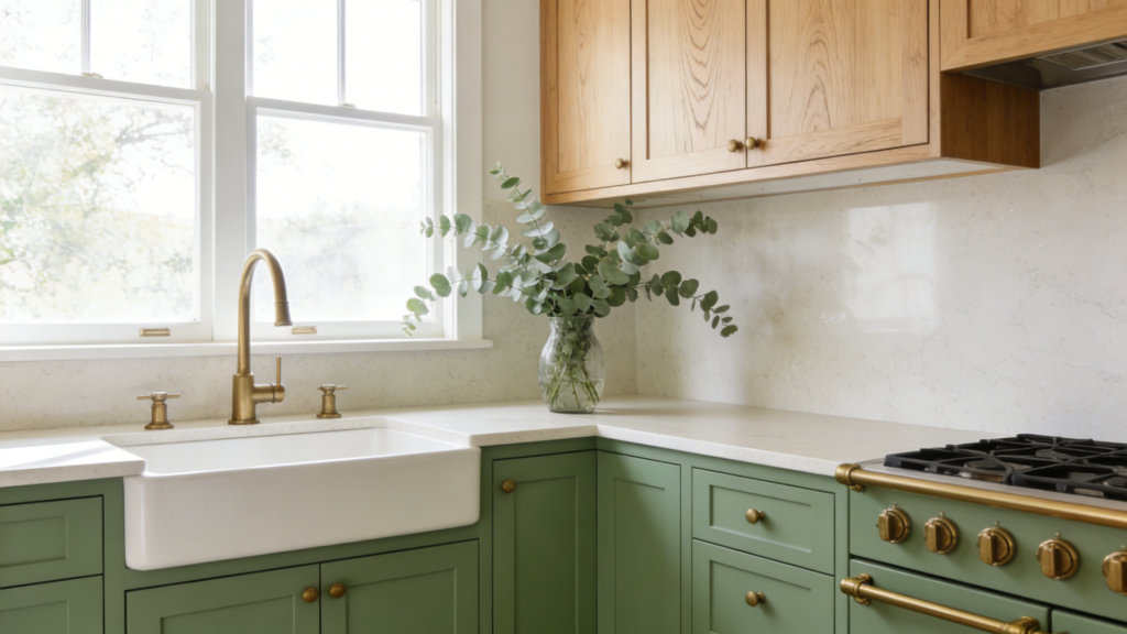A bright, modern kitchen featuring two-tone cabinetry: lower cabinets in sage green matte finish, upper cabinets in natural white oak with visible wood grain. The countertop is light quartz. Brushed brass hardware and a farmhouse sink. A vase with fresh eucalyptus on the counter. Natural light streaming in. The style is airy, calming, with a focus on the contrast between green and wood.