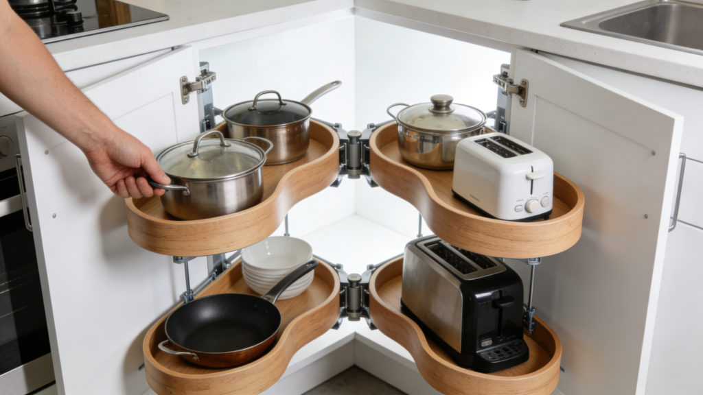 A close-up of a blind corner cabinet with a "Magic Corner" pull-out system fully extended. Two kidney-shaped shelves swing out, holding pots, lids, and small appliances. The shelves are wood, the cabinet interior is bright white. A hand is pulling out the mechanism. The kitchen around is modern.