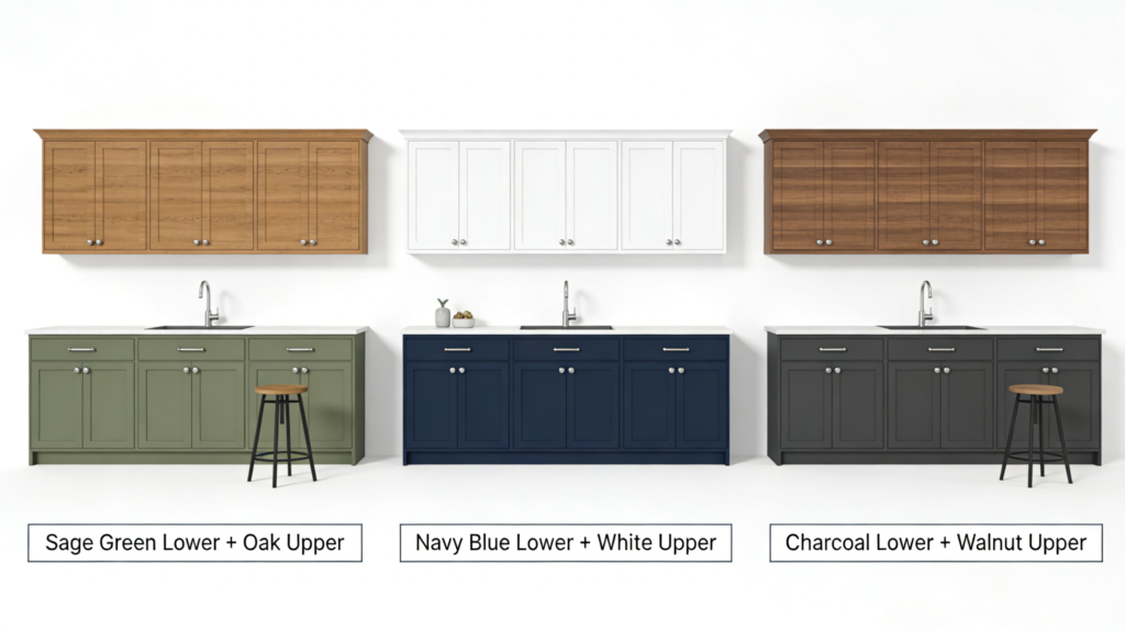 Three side-by-side kitchen vignettes showing the two-tone combinations: left – sage green lower cabinets with oak uppers; center – navy blue lowers with white uppers; right – charcoal lowers with walnut uppers. Each has matching hardware and a small stool or decor. Clean white background, like a showroom display.