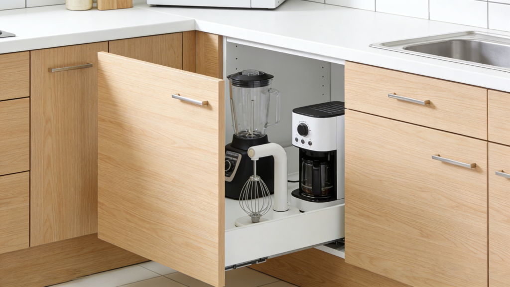 On the kitchen countertop, there is an "electrical storage cabinet". The cabinet door can be raised and lowered. It is designed in a light oak color. Inside, there is a blender, a coffee machine and a mixer. All the equipment is not connected. When the cabinet door is opened, the surrounding countertop is very tidy. The entire kitchen is bright and well-organized. 