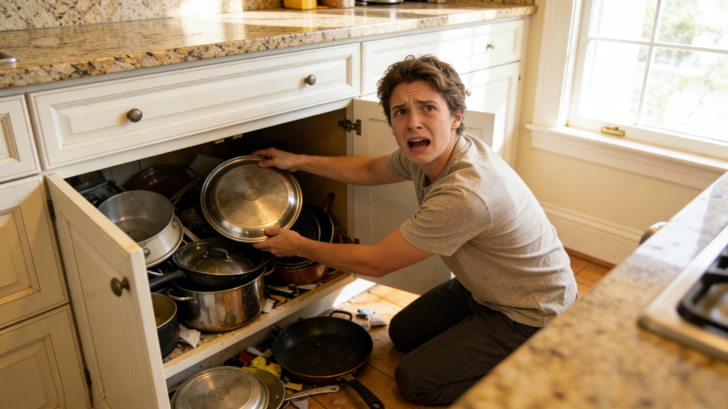 A photorealistic image of a person kneeling on the floor, reaching deep into a cluttered lower kitchen cabinet, struggling to find a pot lid. The cabinet is open, with pots, pans, and lids spilling out. The kitchen has traditional white cabinets and granite countertops. Natural daylight from a window. The expression on the person's face shows frustration.