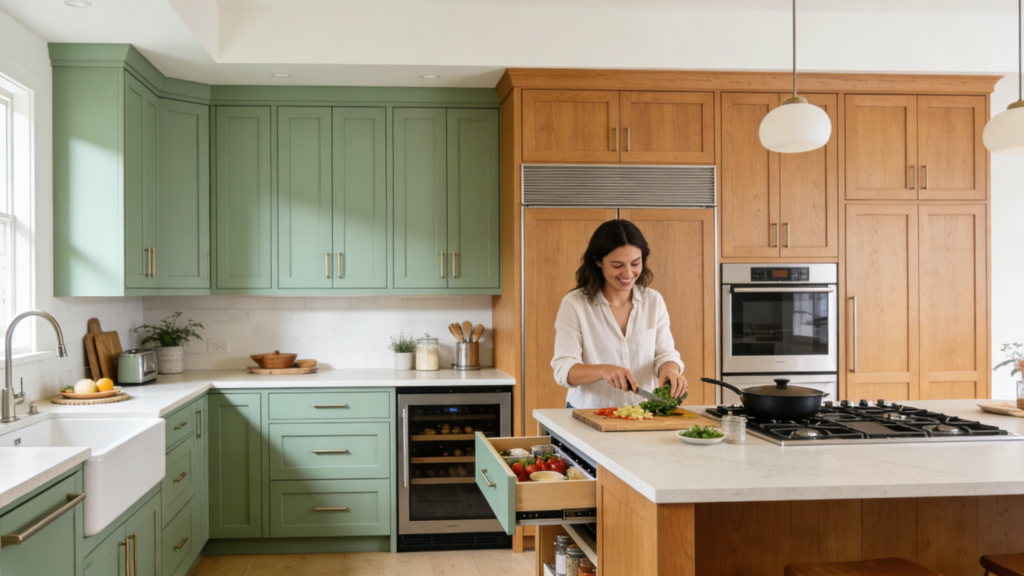 A serene, modern kitchen showcasing all the 2026 trends: two-tone sage and oak cabinets, Shaker-style doors, a magic corner pull-out visible, deep drawers, and an appliance garage. The space is bright, clutter-free, with a person happily cooking at the island. Warm, inviting atmosphere.