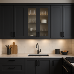 A kitchen featuring grey-black cabinets with integrated glass front door panels and under-cabinet lighting