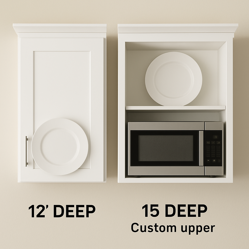 A side-by-side comparison showing a standard 12-inch deep cabinet next to a 15-inch deep custom upper containing a large dinner plate and a microwave.