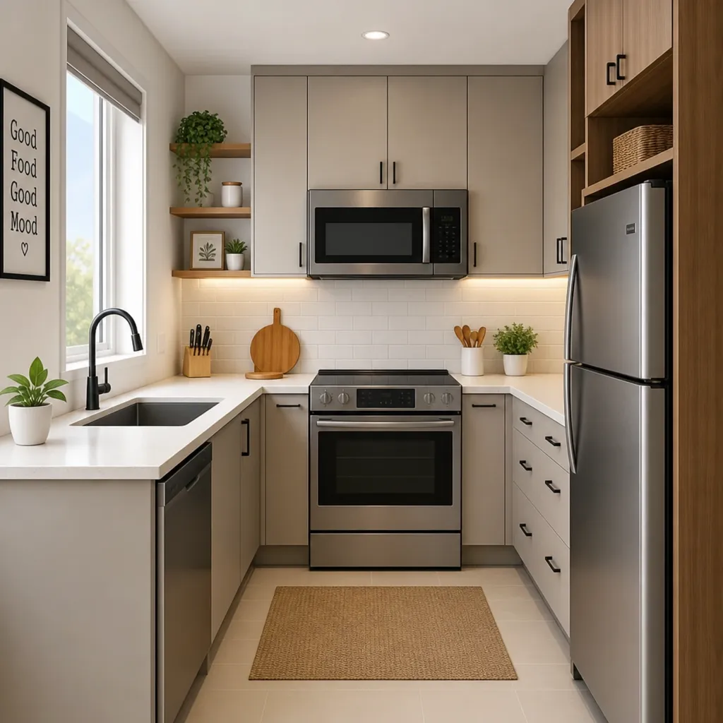 A bright, well-organized small modern kitchen with sleek cabinetry