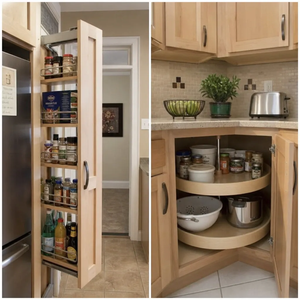 Clever pull-out pantry cabinet and lazy susan organizers inside a small kitchen