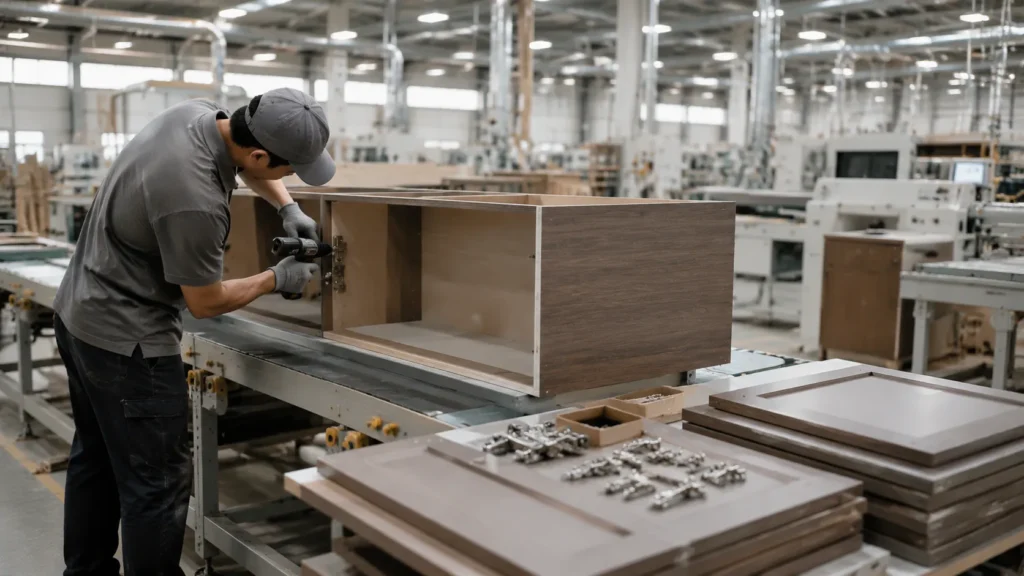 Skilled worker assembling custom walnut kitchen cabinet in modern automated factory | Yida Kitchen precision cabinet manufacturing