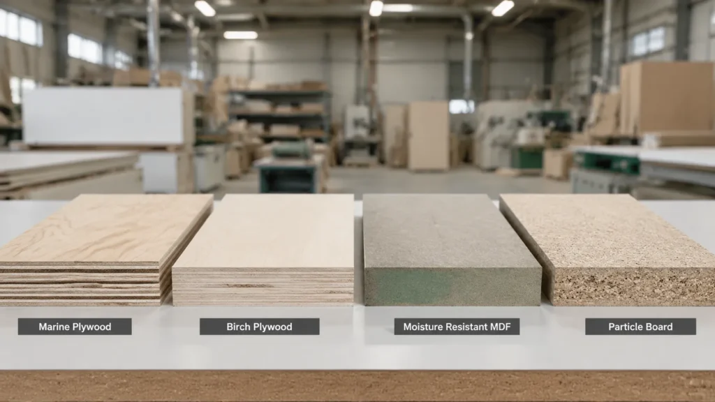 Comparison of kitchen cabinet materials: Marine Plywood, Birch Plywood, Moisture Resistant MDF, and Particle Board in a factory setting | Yida Kitchen premium cabinetry material guide