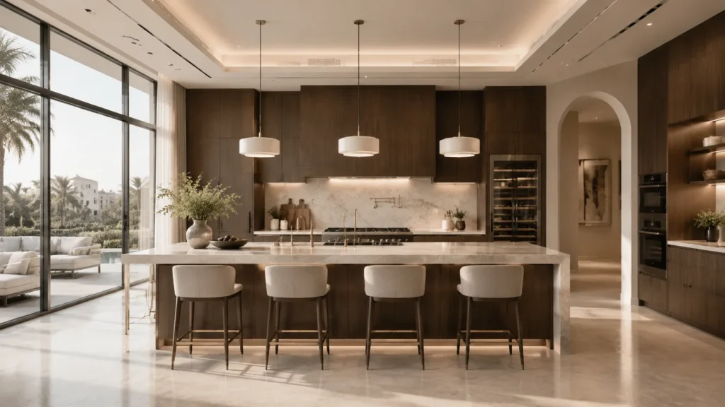 Luxury modern kitchen with dark walnut cabinetry, large marble island, and floor-to-ceiling windows overlooking a tropical garden | Yida Bath premium kitchen cabinetry and bathroom solutions