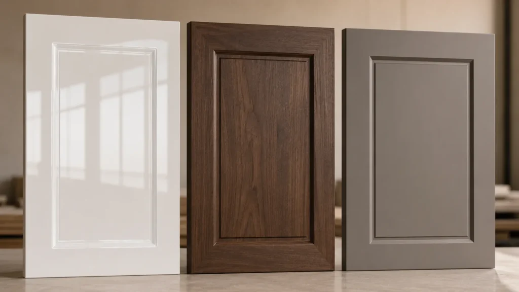 Raised panel kitchen cabinet doors in white glossy, dark walnut wood, and gray matte finishes | Yida Kitchen custom cabinet door styles