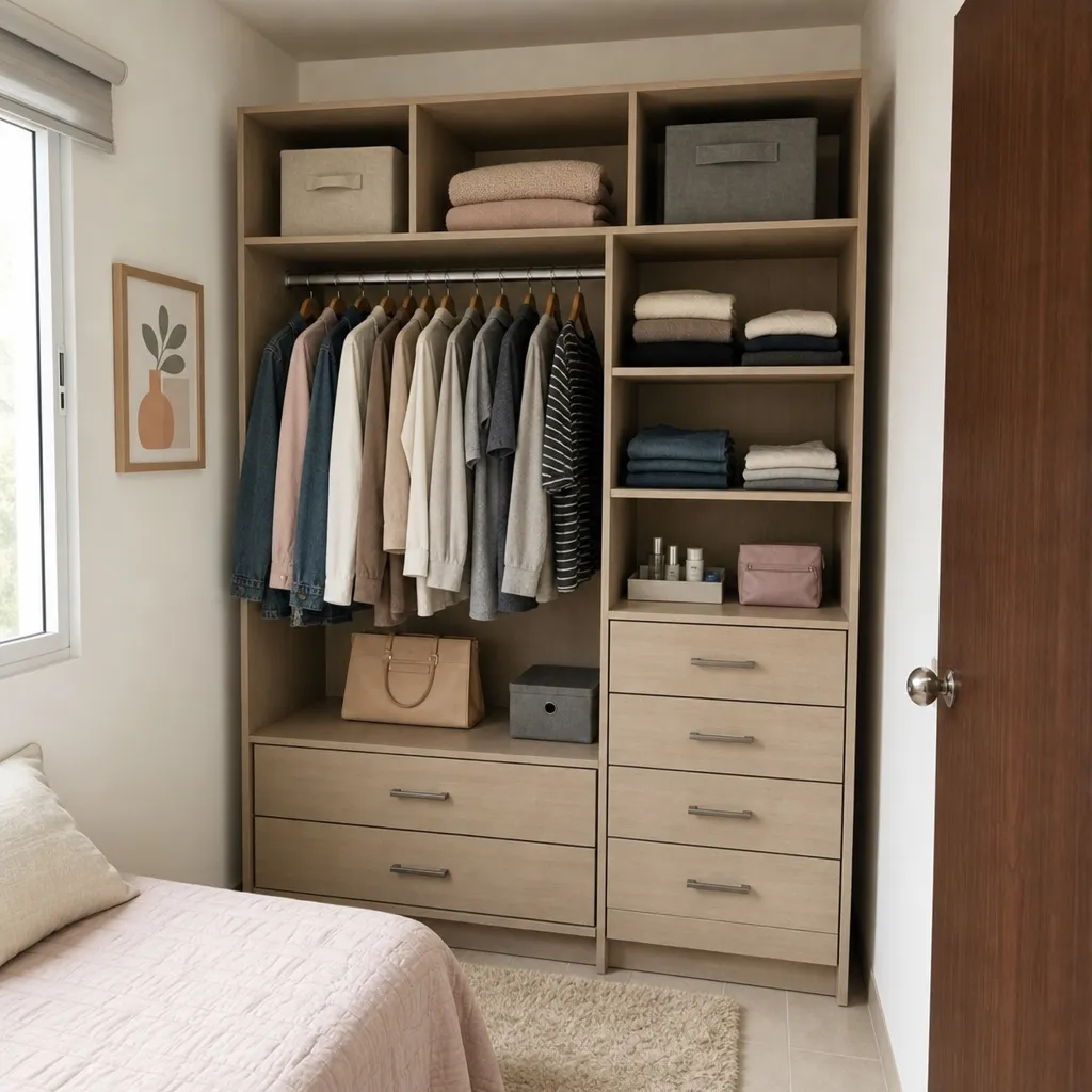 Organizador de closet modular en una habitación pequeña con cajones y estantes