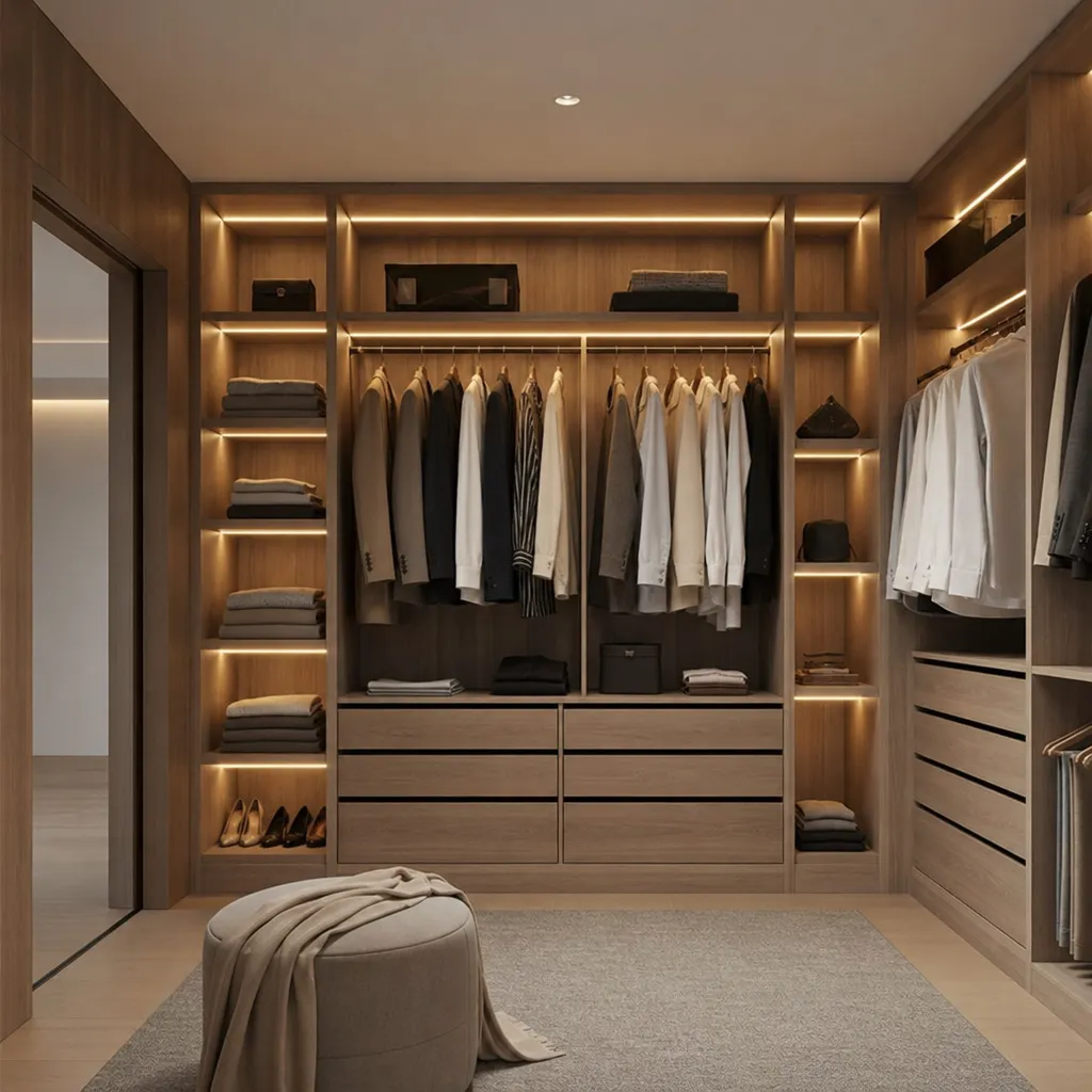 Un elegante closet moderno de madera con iluminación LED suave