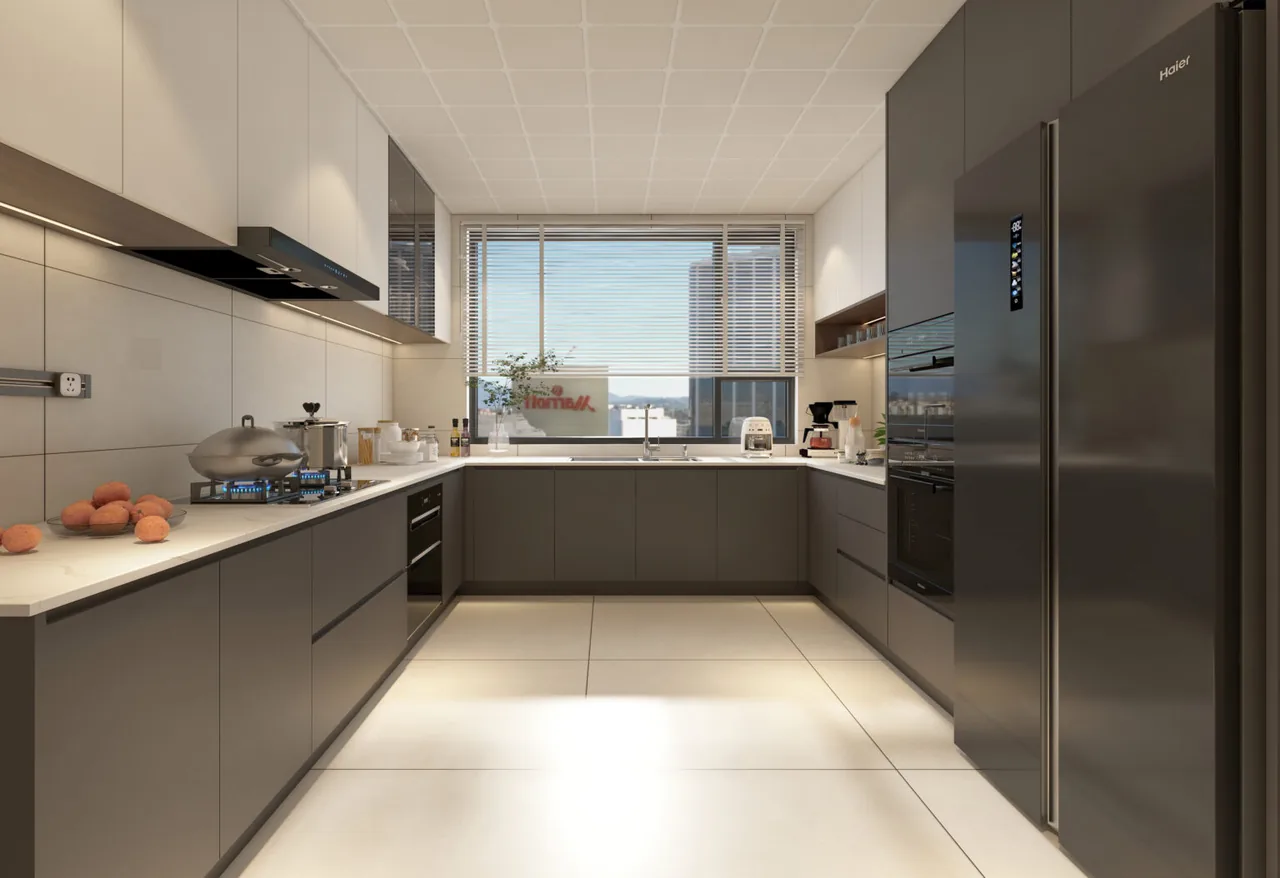L-shaped kitchen with wine storage