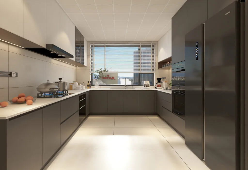 Black matte cabinetry with marble top