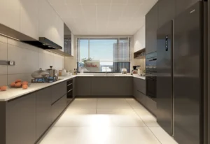 Contemporary black matte kitchen cabinet with gold hardware and white marble