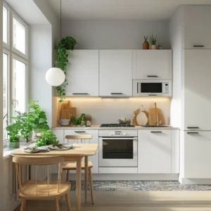 Compact small apartment kitchen with light grey and white cabinets