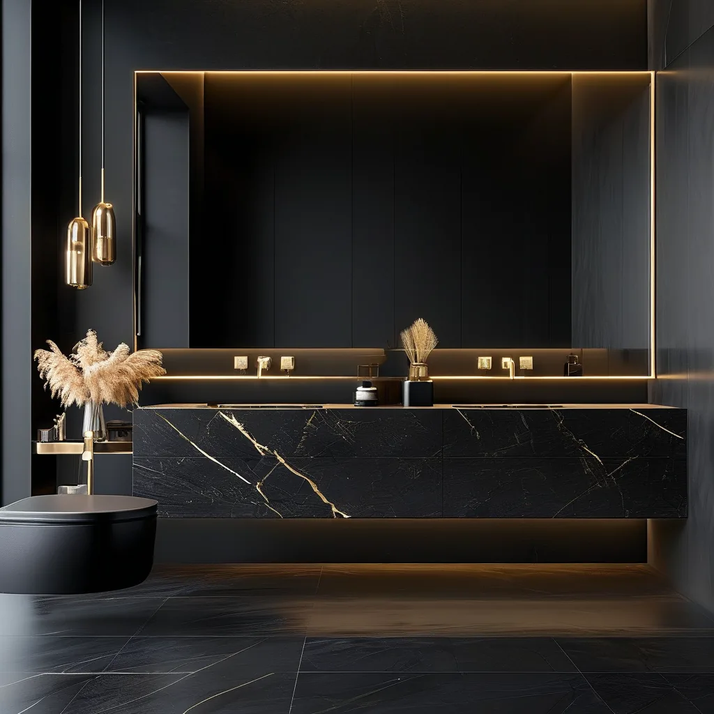 Black matte bathroom vanity with gold hardware and marble top