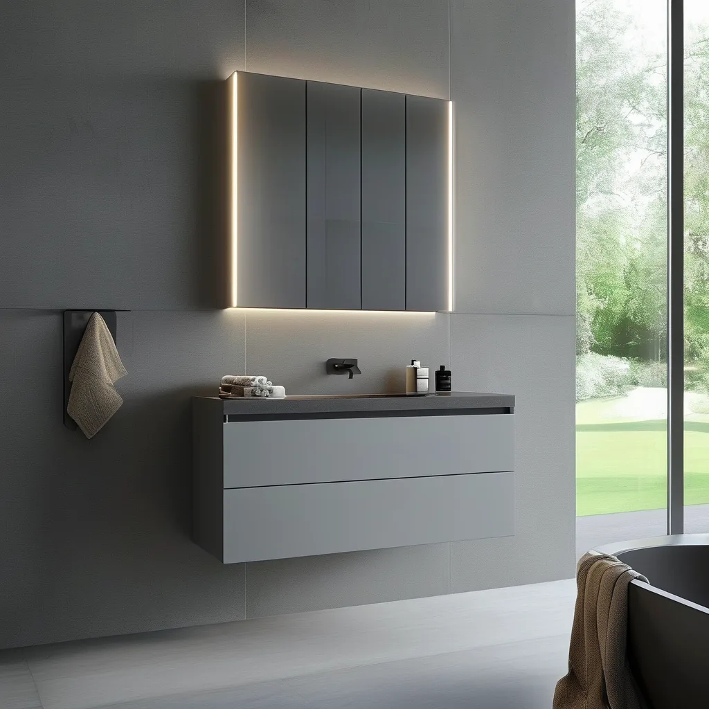 Modern grey handle-less floating bathroom vanity with LED lighting