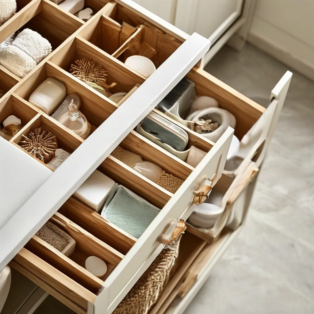 Organized bathroom vanity drawers with soft-close hardware