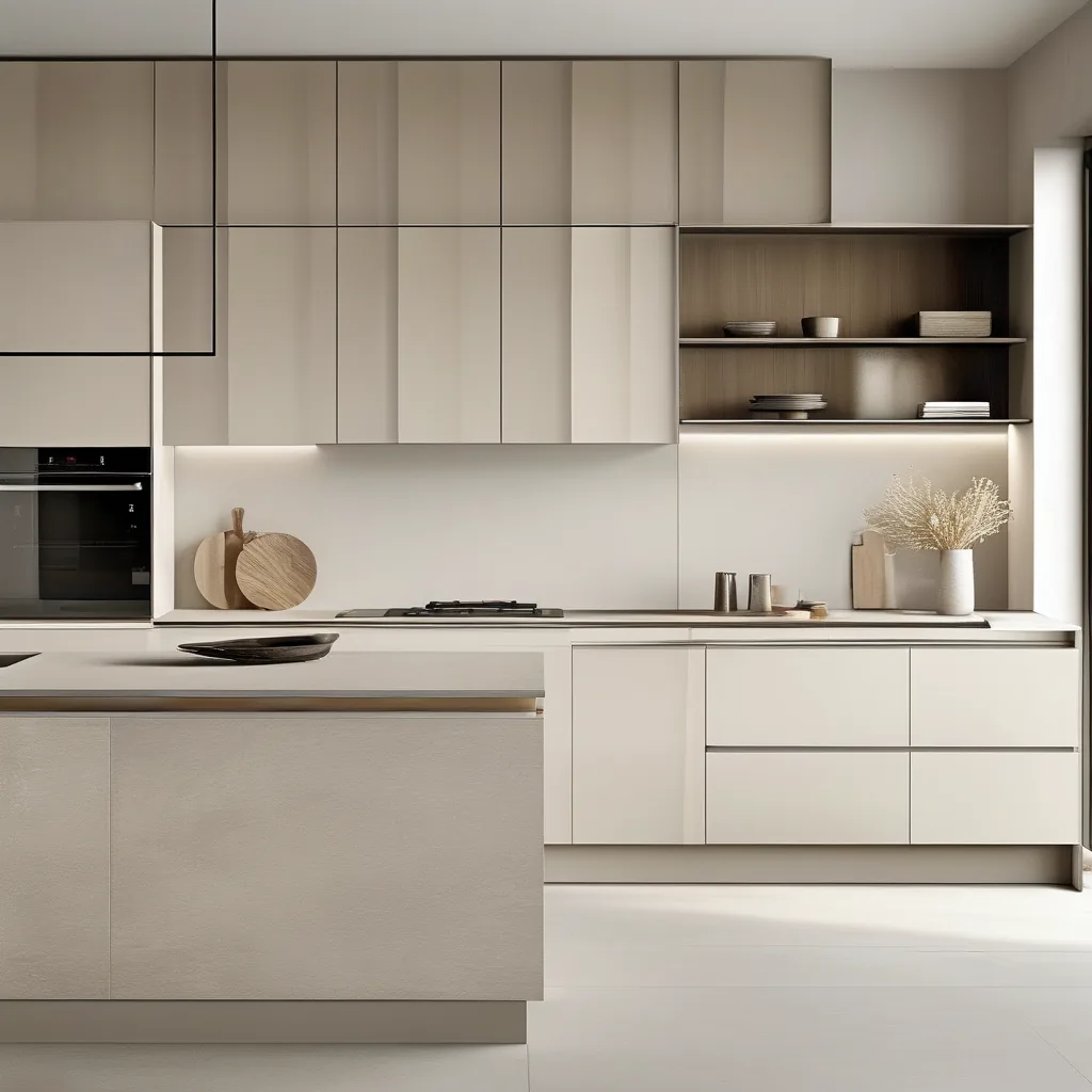 Flat-panel handle-less matte kitchen cabinets