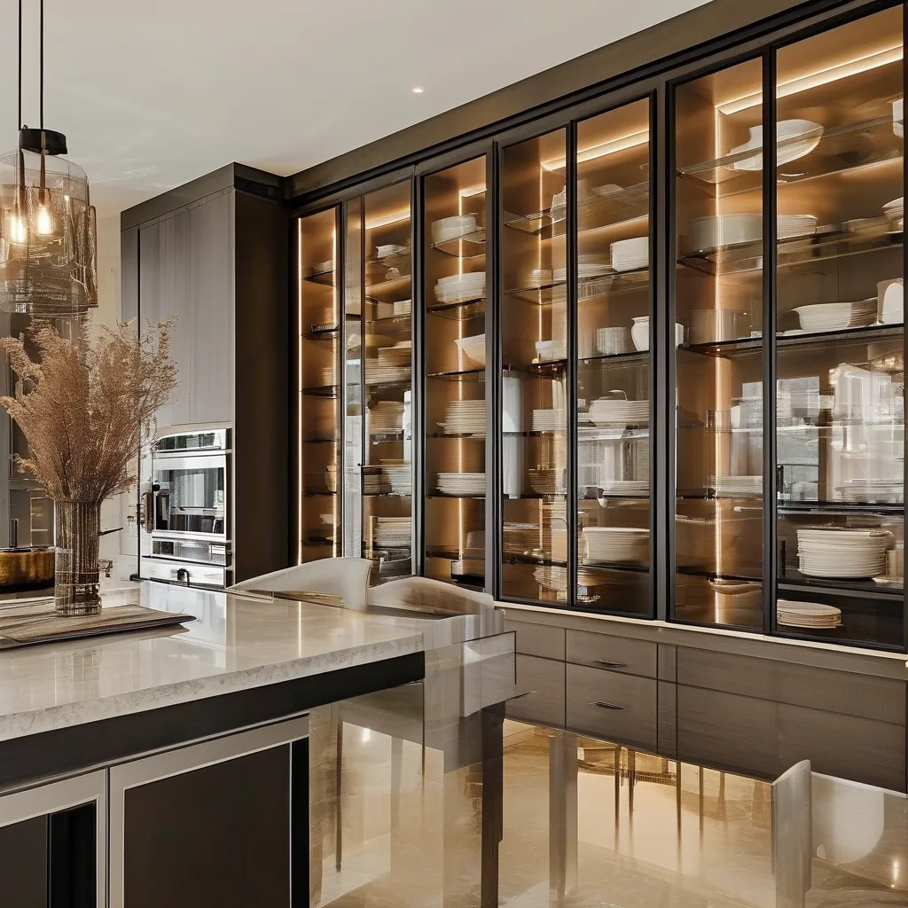 Glass-front upper cabinets with a contrasting island