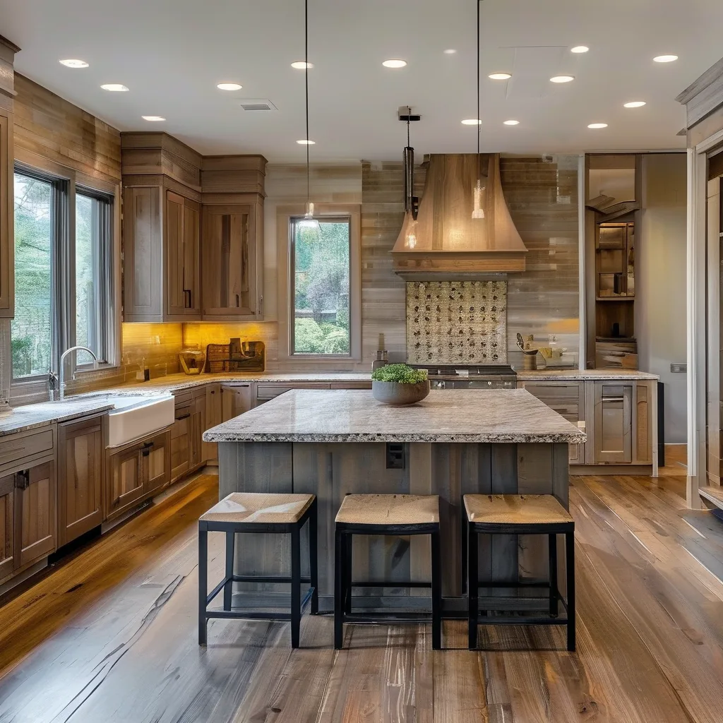 L-shaped kitchen with defined work zones and island seating
