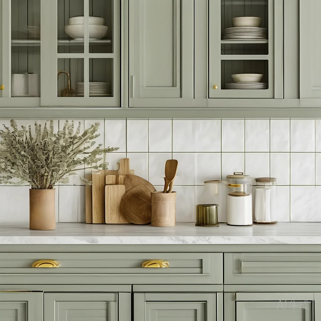 Sage green cabinets with white stone countertop and gold hardware pairing