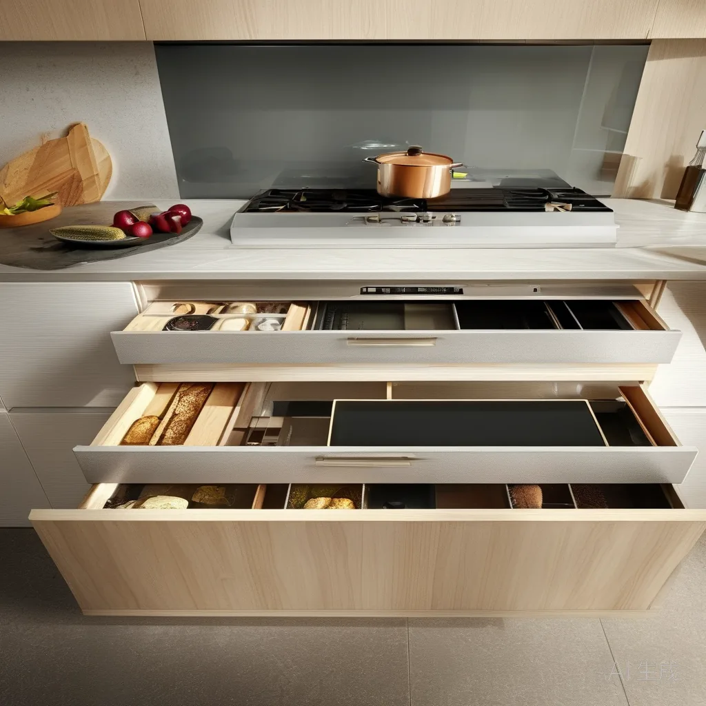 Touch-to-open handle-less kitchen drawer and cabinet front
