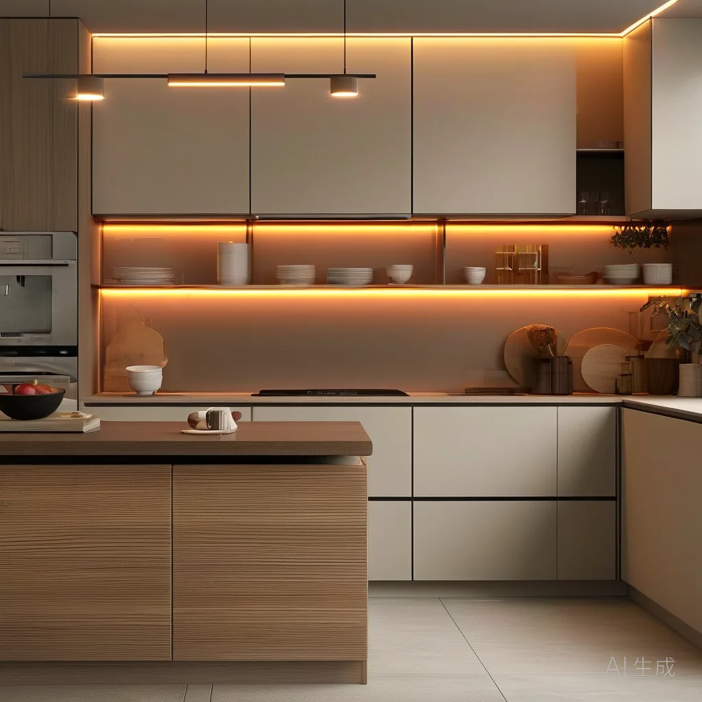 Kitchen cabinet interior with integrated warm LED strip lighting