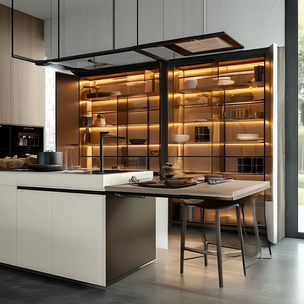 Modern smart kitchen with motorized lift-up wall cabinets and integrated LED lighting