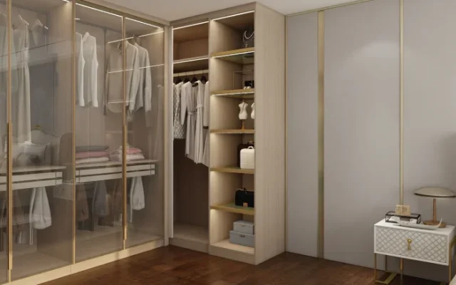 A modern wardrobe with glass - front cabinets and LED lighting, embodying sleek design.