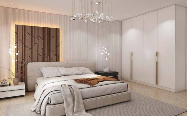 A bedroom featuring cabinets, reflecting trends such as minimalist and clean lines, sustainable materials, and smart storage.